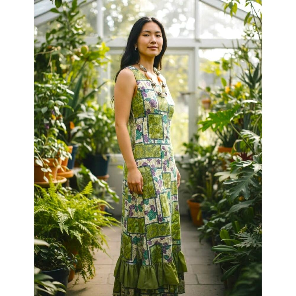 Vintage 70s Hawaiian Floral Patchwork Maxi Dress Green Boho Cotton Ruffle Hem S - Picture 4 of 8